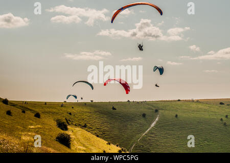 Devils Dyke, Brighton, Sussex, Großbritannien..8. September 2019. Ein glorreicher Nachmittag in den South Downs sahen viele Gleitschirmflieger auf dem Nordwind in die Luft. . Stockfoto