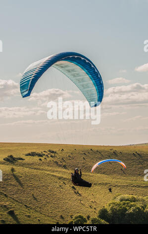 Devils Dyke, Brighton, Sussex, Großbritannien..8. September 2019. Ein glorreicher Nachmittag in den South Downs sahen viele Gleitschirmflieger auf dem Nordwind in die Luft. . Stockfoto