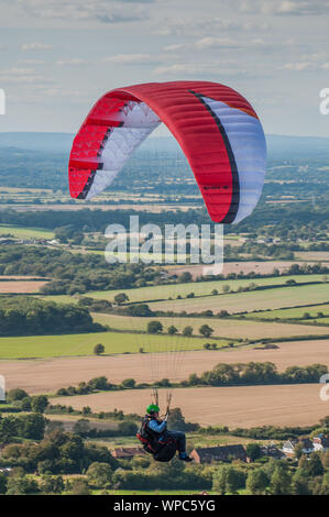 Devils Dyke, Brighton, Sussex, Großbritannien..8. September 2019. Ein glorreicher Nachmittag in den South Downs sahen viele Gleitschirmflieger auf dem Nordwind in die Luft. . Stockfoto