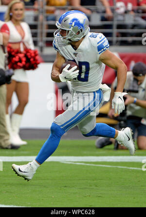 Glendale, Arizona, USA. 08 Sep, 2019. Detroit Lions' wide receiver Danny Amendola überquert die Ziellinie nach dem Fang einen 47 Yard Touchdown pass Im zweiten Quartal, als die Löwen die Arizona-kardinäle am Zustand-bauernhof Stadium in Glendale, Arizona spielen am Sonntag, den 8. September 2019. Foto von Kunst Foxall/UPI Quelle: UPI/Alamy leben Nachrichten Stockfoto
