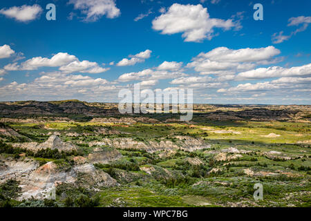 Einen Panoramablick auf den lackierten Canyon Overlook im Süden von Theodore Roosevelt National Park in der Nähe von Medora, North Dakota. Stockfoto