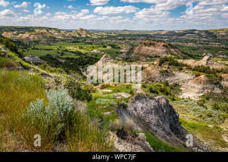 Einen Panoramablick auf den lackierten Canyon Overlook im Süden von Theodore Roosevelt National Park in der Nähe von Medora, North Dakota. Stockfoto