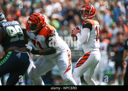 Seattle, WA, USA. 8. Sep 2019. Cincinnati Bengals Quarterback Andy Dalton (14) schaut Feld während eines Spiels zwischen den Cincinnati Bengals und Seattle Seahawks an CenturyLink Feld in Seattle, WA. Sean Brown/CSM/Alamy leben Nachrichten Stockfoto