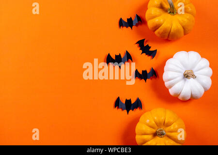 Halloween Konzept. Herde in schwarzem Papier Fledermäuse und frische Kürbis auf orangefarbenen Papier Hintergrund. Stockfoto