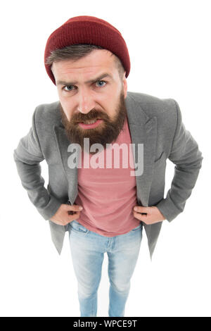 Was haben sie gesagt. Bärtige hipster brutale Person. Bully Hipster. Schule des guten Benehmens. Tipps und Tricks gut aussehender Mann. Arrogante unhöfliche hipster Mann. Bärtige und stattlich. Selbstverbesserung Konzept. Stockfoto