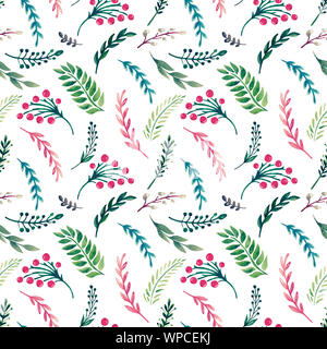 Federsatz pflanzlichen Elementen. Blumen Zweige Blätter auf weißem Hintergrund isoliert Muster nahtlose Stockfoto