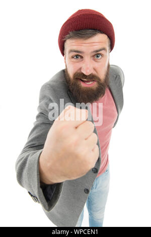 Schule des guten Benehmens. Tipps und Tricks gut aussehender Mann. Arrogante unhöfliche hipster Mann. Bärtige und stattlich. Selbstverbesserung Konzept. Bärtige hipster brutale Person. Was haben sie gesagt. Bully Hipster. Stockfoto