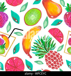 Nahtlose Muster. Abbildung: handgemalt Acryl- und Gouachefarben. Exotische Früchte Ananas Banane kiwi Grapefruit tropische Blätter auf weißem Hintergrund. Stockfoto