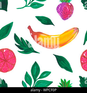 Abbildung handbemalte Acryl- und Gouachefarben. Nahtlose Muster. Exotische Banane Erdbeere grapefruit Zweige Blätter grün Obst auf weißem Hintergrund. Stockfoto