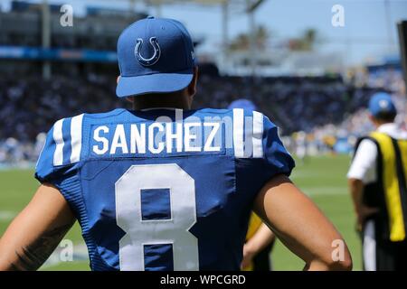 Carson, CA. 8. Sep 2019. Indianapolis Colts Börsenspekulant Rigoberto Sanchez #8 Während der NFL Indianapolis Colts vs Los Angeles Ladegeräte an der Würde des Menschen Gesundheit Sport Park in Carson, Ca am 8. September 2019 (Foto von Jevone Moore) Credit: Csm/Alamy leben Nachrichten Stockfoto