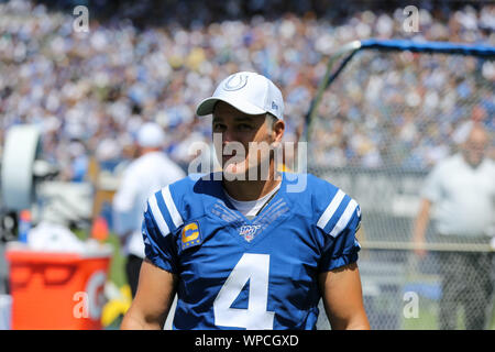 Carson, CA. 8. Sep 2019. Indianapolis Colts kicker Adam Vinatieri #4 Während der NFL Indianapolis Colts vs Los Angeles Ladegeräte an der Würde des Menschen Gesundheit Sport Park in Carson, Ca am 8. September 2019 (Foto von Jevone Moore) Credit: Csm/Alamy leben Nachrichten Stockfoto