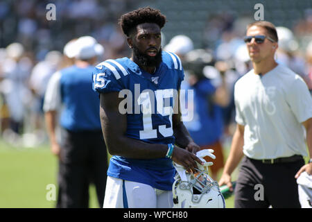 Carson, CA. 8. Sep 2019. Indianapolis Colts wide receiver Parris Campbell #15 Während der NFL Indianapolis Colts Los Angeles Ladegeräte an der Würde des Menschen Gesundheit Sport Park in Carson vs, Ca am 8. September 2019 (Foto von Jevone Moore) Credit: Csm/Alamy leben Nachrichten Stockfoto