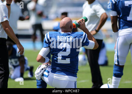 Carson, CA. 8. Sep 2019. Indianapolis Colts Quarterback Brian Hoyer #2 Während der NFL Indianapolis Colts vs Los Angeles Ladegeräte an der Würde des Menschen Gesundheit Sport Park in Carson, Ca am 8. September 2019 (Foto von Jevone Moore) Credit: Csm/Alamy leben Nachrichten Stockfoto