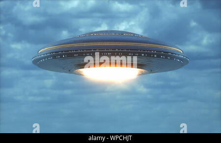 Unbekanntes Flugobjekt - UFO. Science Fiction Bild Konzept der Ufologie und das Leben des Planeten Erde. 3D-Darstellung. Stockfoto