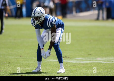 Carson, CA. 8. Sep 2019. Indianapolis Colts cornerback Pierre Desir #35 Während der NFL Indianapolis Colts vs Los Angeles Ladegeräte an der Würde des Menschen Gesundheit Sport Park in Carson, Ca am 8. September 2019 (Foto von Jevone Moore) Credit: Csm/Alamy leben Nachrichten Stockfoto