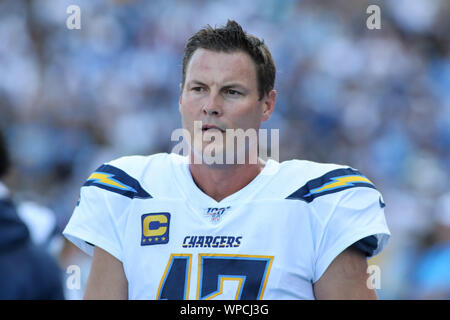 Carson, CA. 8. Sep 2019. Los Angeles Ladegeräte Quarterback Philip Flüsse #17 Während der NFL Indianapolis Colts vs Los Angeles Ladegeräte an der Würde des Menschen Gesundheit Sport Park in Carson, Ca am 8. September 2019 (Foto von Jevone Moore) Credit: Csm/Alamy leben Nachrichten Stockfoto