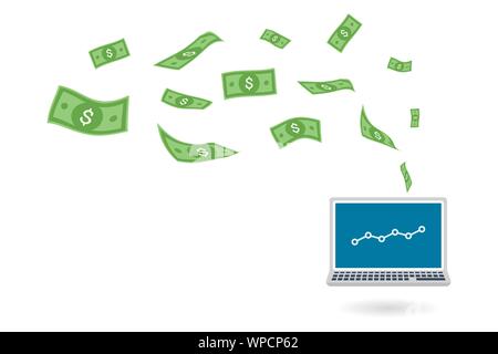Dollarscheine, Flying Laptop der Erfolg, Geld online zu zeigen, Vector Illustration Stock Vektor