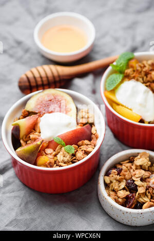 Crunchy Hafer Müsli mit Früchten und griechischer Joghurt Creme in der Schüssel. Detailansicht. Gesundes Frühstück Food Ingredients Stockfoto