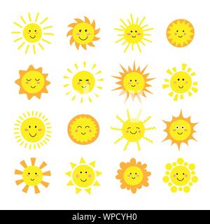Cartoon sun Collection. Gelb glänzend Sonne Symbole auf weißen isoliert. Sun Piktogramm, Sommer Symbol für Web site Design, Web, mobile App. Stock Vektor