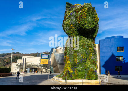 Welpen formgehölze Skulpturen von Jeff Koons auf der Terrasse vor dem Guggenheim Museum Bilbao, Baskenland, Spanien Stockfoto