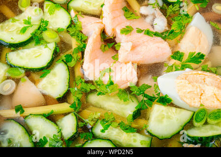 Kalte Suppe mit Rhabarber und Fisch. Sommer kalte Suppe. Stockfoto