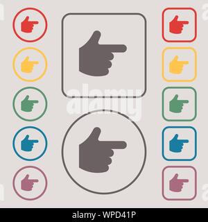 zeigenden Hand Symbol Zeichen. Symbol auf der Runde und quadratische Tasten mit Rahmen. Vektor Stock Vektor