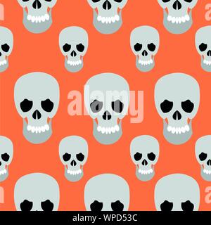 Halloween Muster. Schädel auf orangem Hintergrund. Design für Karten, Einladungen, Geschenk, Wraps, Poster Stock Vektor