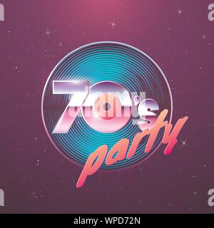 Paster Vorlage für Retro Disco Party 70er. Schallplatte und Neon Farben Element der 1970er Stil. Vintage Musik Flyer. Vector Illustration Stock Vektor