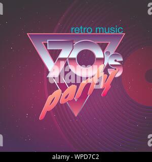 Paster Vorlage für Retro Disco Party 70er. Neon Farben und Vinyl Platten für den Hintergrund. Vintage Musik Flyer. Vector Illustration Stock Vektor
