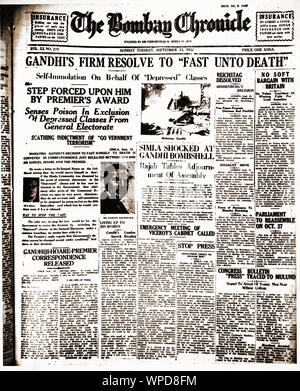 Mahatma Gandhi News auf der Titelseite der Zeitung Bombay Chronicle, Indien, Asien, 13. September 1932, Altes Vintage 1900s Bild Stockfoto