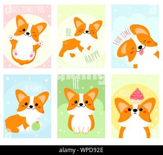 Satz von Geschenkanhänger, Karte, Abzeichen, Aufkleber mit niedlichen corgi Hund. Beschriftung - Schön Sie zu treffen, glücklich sein, Hallo, hallo. Vector template Karte für die Begrüßung, Dez Stock Vektor