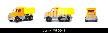 Kleine orange toy Dump Truck Lkw auf einem weißen Hintergrund, Isolieren, Transport Stockfoto