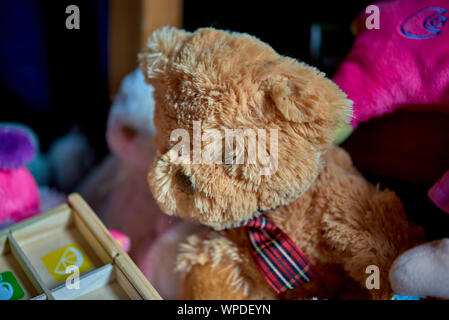 Einem weichen, flauschigen Teddybär Tragen eines Weihnachten Bug und wartet darauf abgeholt zu werden. Stockfoto