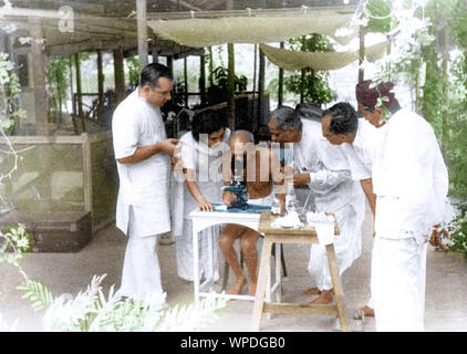 Dr. Gajjar zeigt Mahatma Gandhi Hakenwurm-Eizellen unter Mikroskop, Bombay, Mumbai, Indien, Asien, Mai 1944 Stockfoto