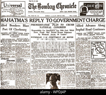 Nachrichten auf der Titelseite über Mahatma Gandhi, Indien, Asien, The Bombay Chronicle, 22. Juni, 1944 Stockfoto