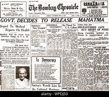 Nachrichten auf der Titelseite von Mahatma Gandhi aus dem Gefängnis in der Bombay Chronicle Zeitung, Bombay, Mumbai, Maharashtra, Indien, Asien, 6. Mai 1944, altes Bild des Jahrgangs 1900s Stockfoto