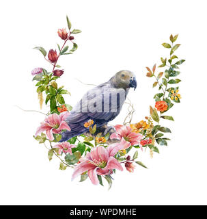 Aquarell Malerei mit Vogel- und Blumen, auf weißem Hintergrund Stockfoto