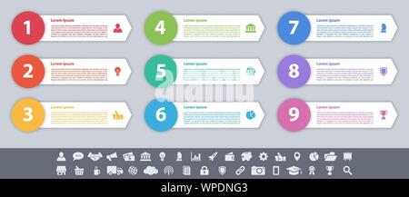 Infografik design Business Konzept Vector Illustration mit 9 Schritte und Optionen oder Prozesse, Arbeitsabläufe oder Diagramm oder Web button Banner dar Stock Vektor