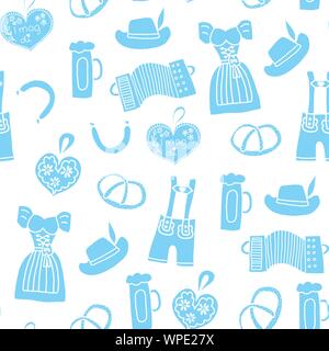 Oktoberfest Hintergrund Hand gezeichneten Karikatur doodle nahtlose Vektor Muster. Oktoberfest Wiederholung der Fliese. Traditionelle deutsche Symbole. Bayerisches Bier Stock Vektor