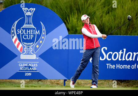 Das Team USA Jessica Korda-stücke weg die 2. Während der Vorschau Tag der Solheim Cup 2019 in Gleneagles Golf Club, Auchterarder. Stockfoto