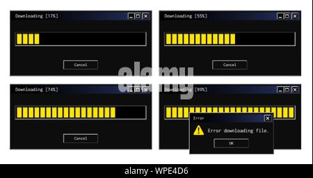 Alte UI Download Status Bar mit einer Fehlermeldung popup Stock Vektor