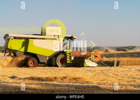 Eine moderne Mähdrescher ernten Weizen mit einem Head-up-Display und das Internet der Dinge in der Landwirtschaft. Stockfoto