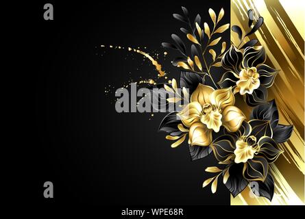 Design mit Gold, strukturierte Folie und Schwarz, Schmuck Orchideen mit Zierpflanzen und schwarze Blätter auf schwarzen Hintergrund. Stock Vektor