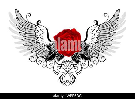 Rot, blühende Rose mit Grau, konturierte Engel Flügel, mit schwarzem Muster auf weißem Hintergrund eingerichtet. Stock Vektor