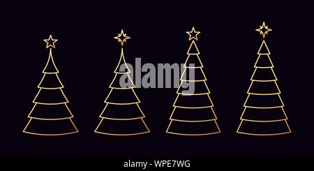 Goldenen Weihnachtsbaum mit Stern, Symbol für festliche Dekoration. Golden Set von Xmas Tree im Umriss Stil. Glänzende Silhouette, minimalistisch, Zeichen und Symbol für Stock Vektor