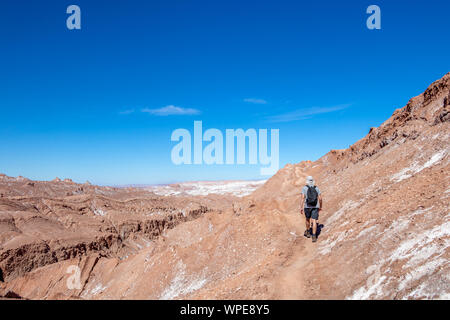 Junge legerer Mann mit Rucksack auf dem Weg zum Mond wie Landschaft des Valle de la Luna (Mondtal), Chile. Reisen Lifestyle wandern Konzept Sommer Vac Stockfoto