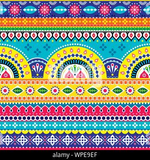 Pakistanische und Indische vectopr nahtloses Design per Lkw Kunst inspiriert, lebendige Muster mit geometrischen Formen und Blumen Stock Vektor