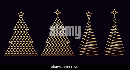 Goldenen Weihnachtsbaum mit Stern, Symbol für festliche Dekoration. Golden Set von Xmas Tree in Stil, Textur mit Zick-zack-Linie. Glänzende Silhouette, Zeichen, Stock Vektor