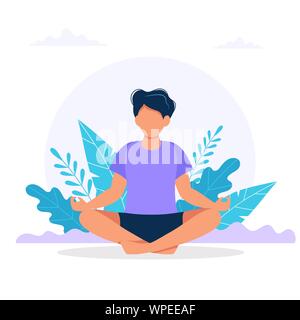 Man meditieren in der Natur. Konzept Abbildung für Yoga, Meditation, Entspannung, Erholung, gesunde Lebensweise. Vector Illustration im Cartoon Stil Stock Vektor