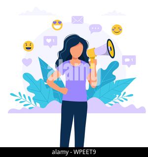 Frau mit Megaphon - ein Freund, Verkaufsförderung, Werbung, Ankündigung Konzept siehe Abbildung. Vector Illustration im flachen Stil. Stock Vektor